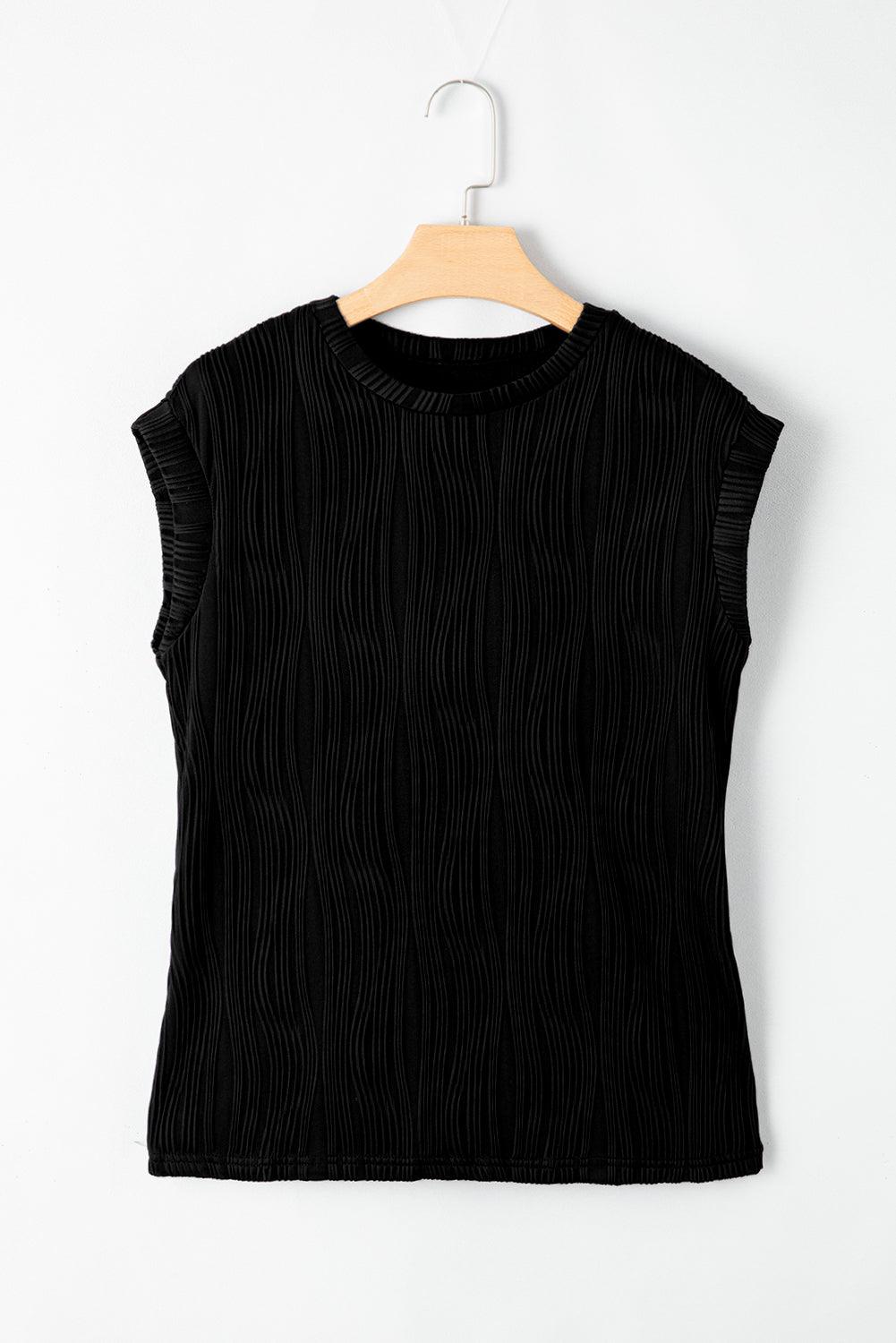 Wavy Texture Cap Sleeve Mock Neck Top for Women