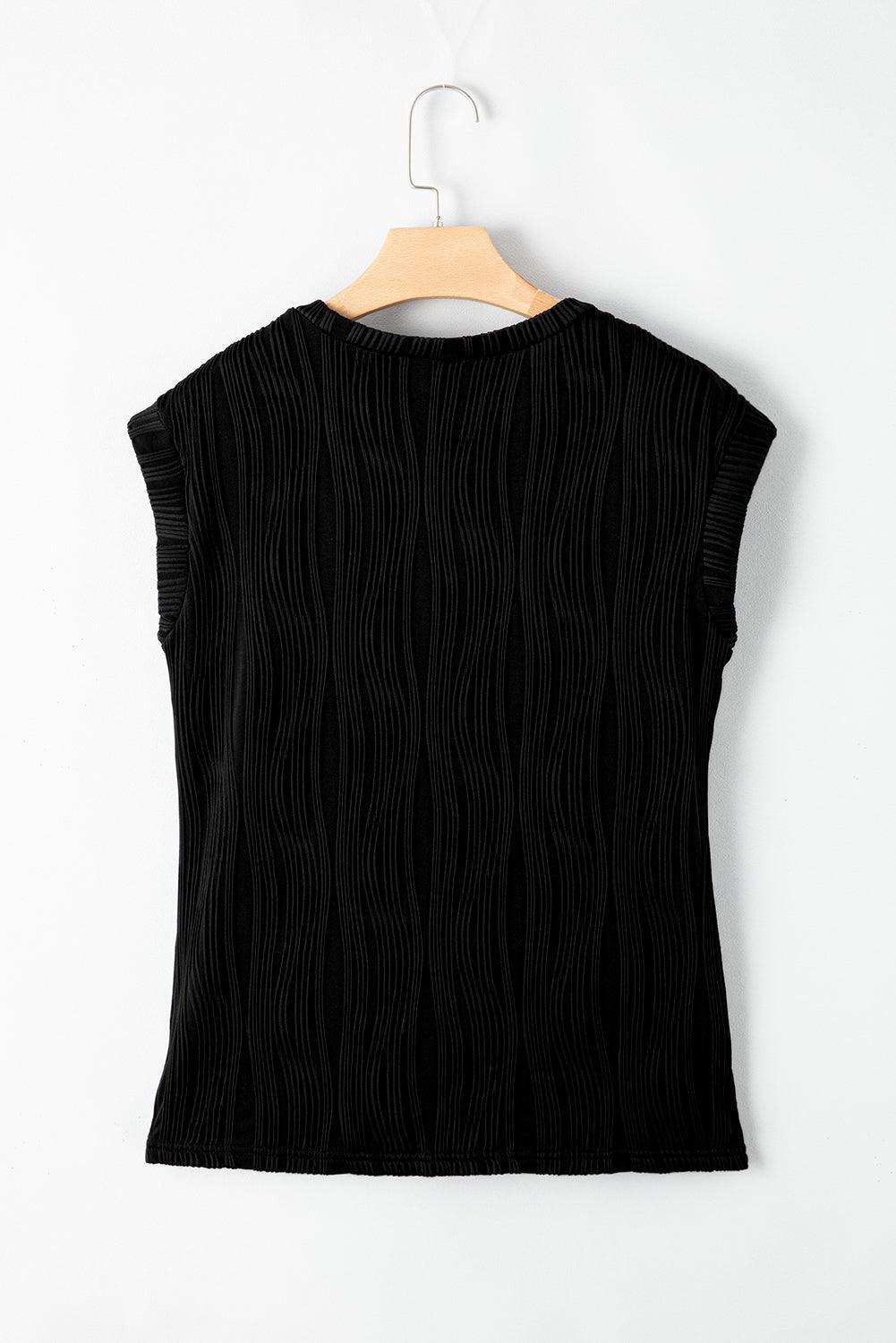 Wavy Texture Cap Sleeve Mock Neck Top for Women