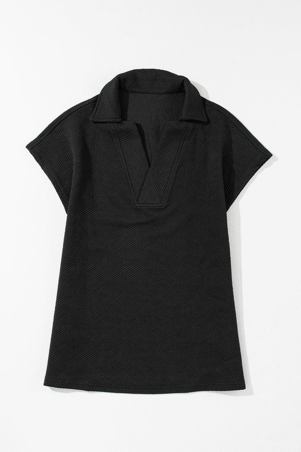 Black Textured V Neck Collared Short Sleeve Top for Women