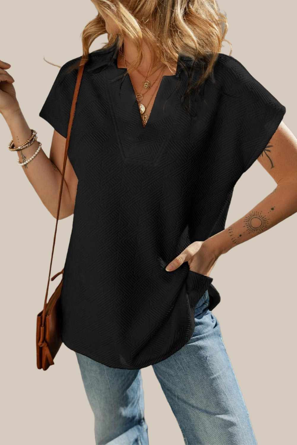 Black Collared V Neck Short Sleeve Top for Women