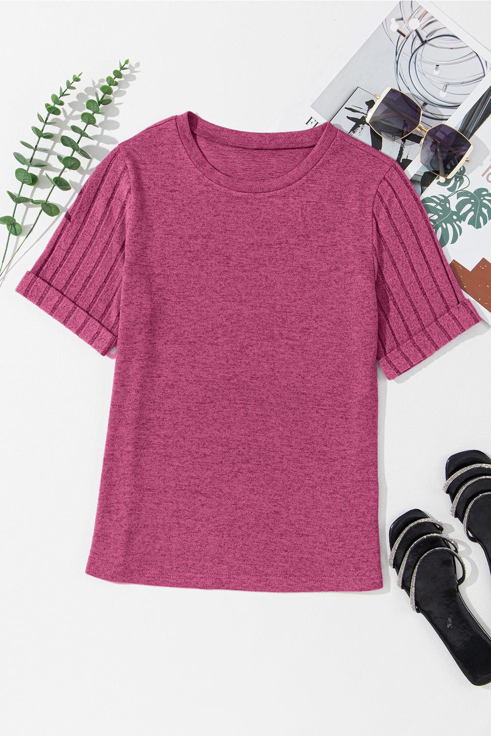 Ribbed Splicing Half Sleeve Round Neck T-shirt for Women