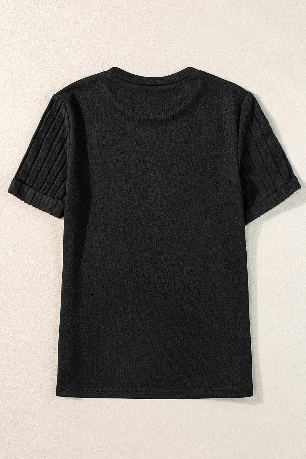 Black Ribbed Splicing Sleeve Round Neck T-shirt for Women