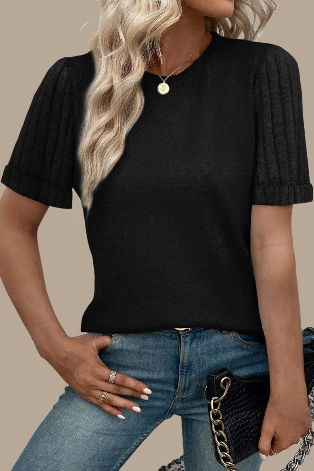 Half Sleeve Round Neck Black T Shirt for Women