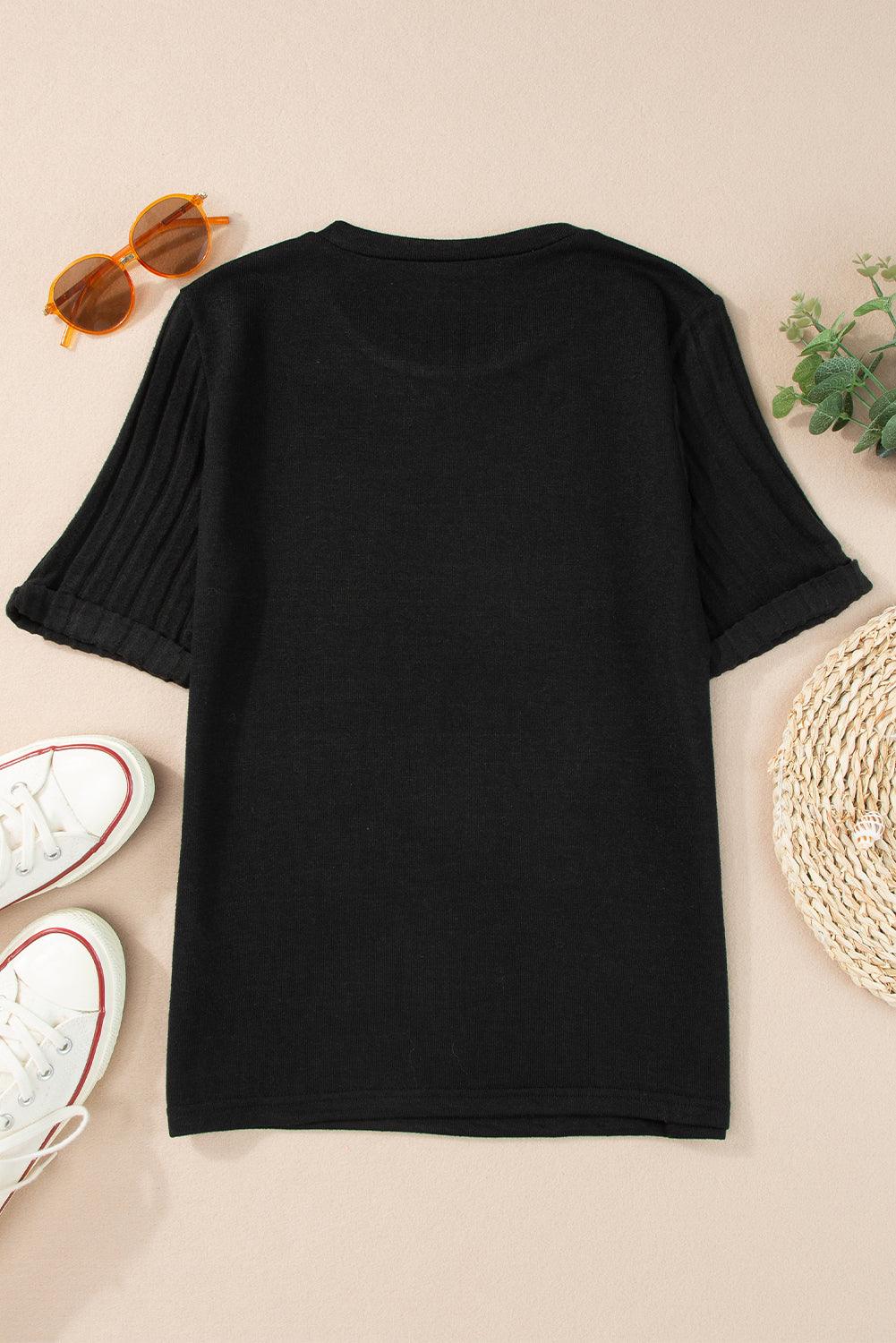 Ribbed Splicing Half Sleeve Round Neck T-shirt for Women