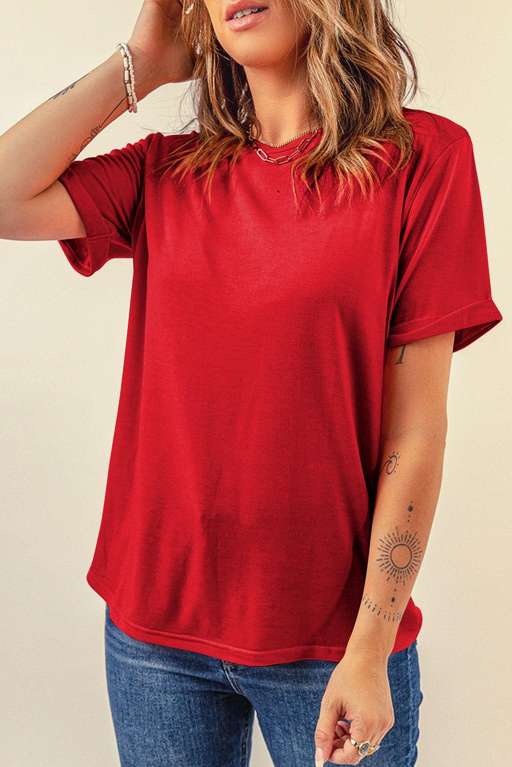 Casual Crew Neck Solid Color Loose T-Shirts Top for Women