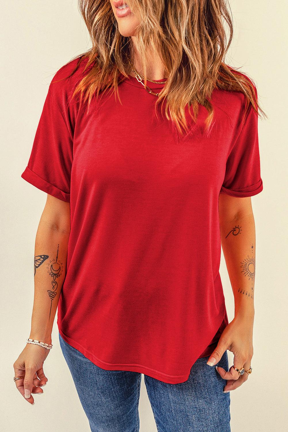 Summer Casual Wear Crew Neck Half Sleeve Solid Red T-Shirt for Women