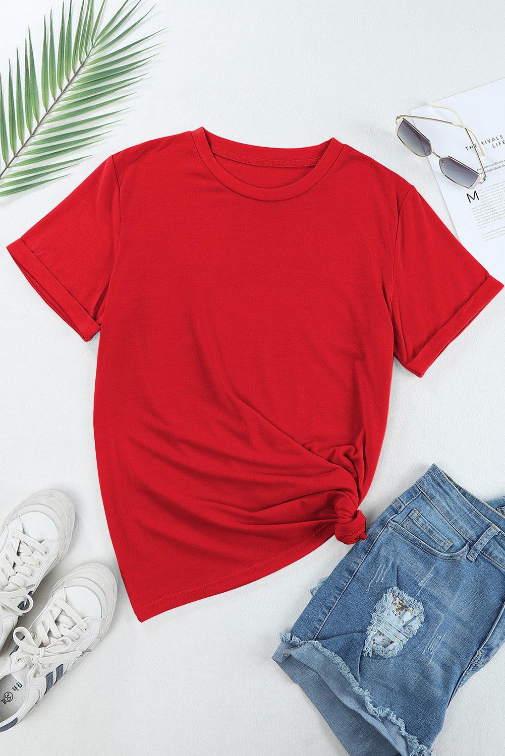 Casual Crew Neck Solid Color Loose T-Shirts Top for Women