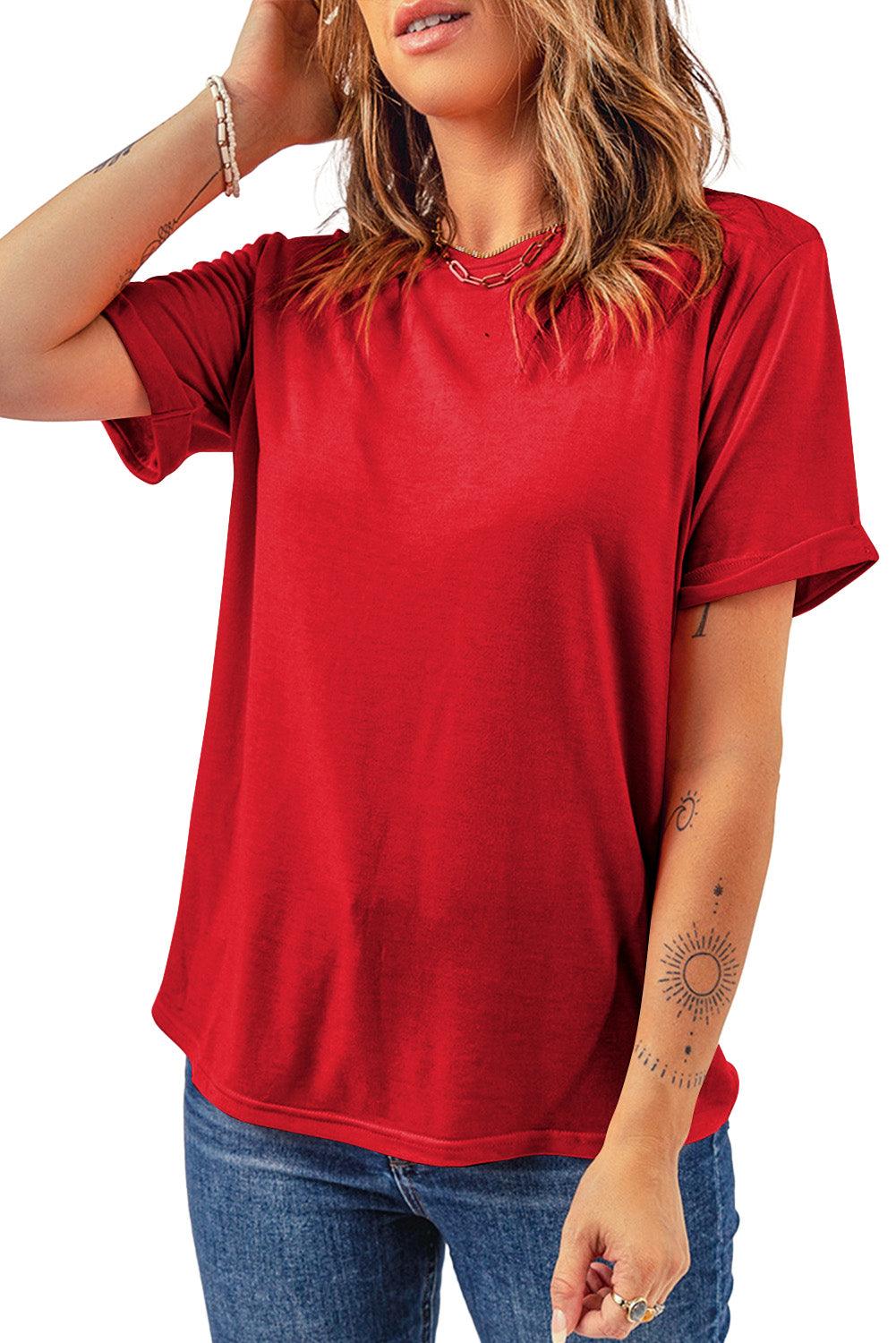 Casual Crew Neck Solid Color Loose T-Shirts Top for Women