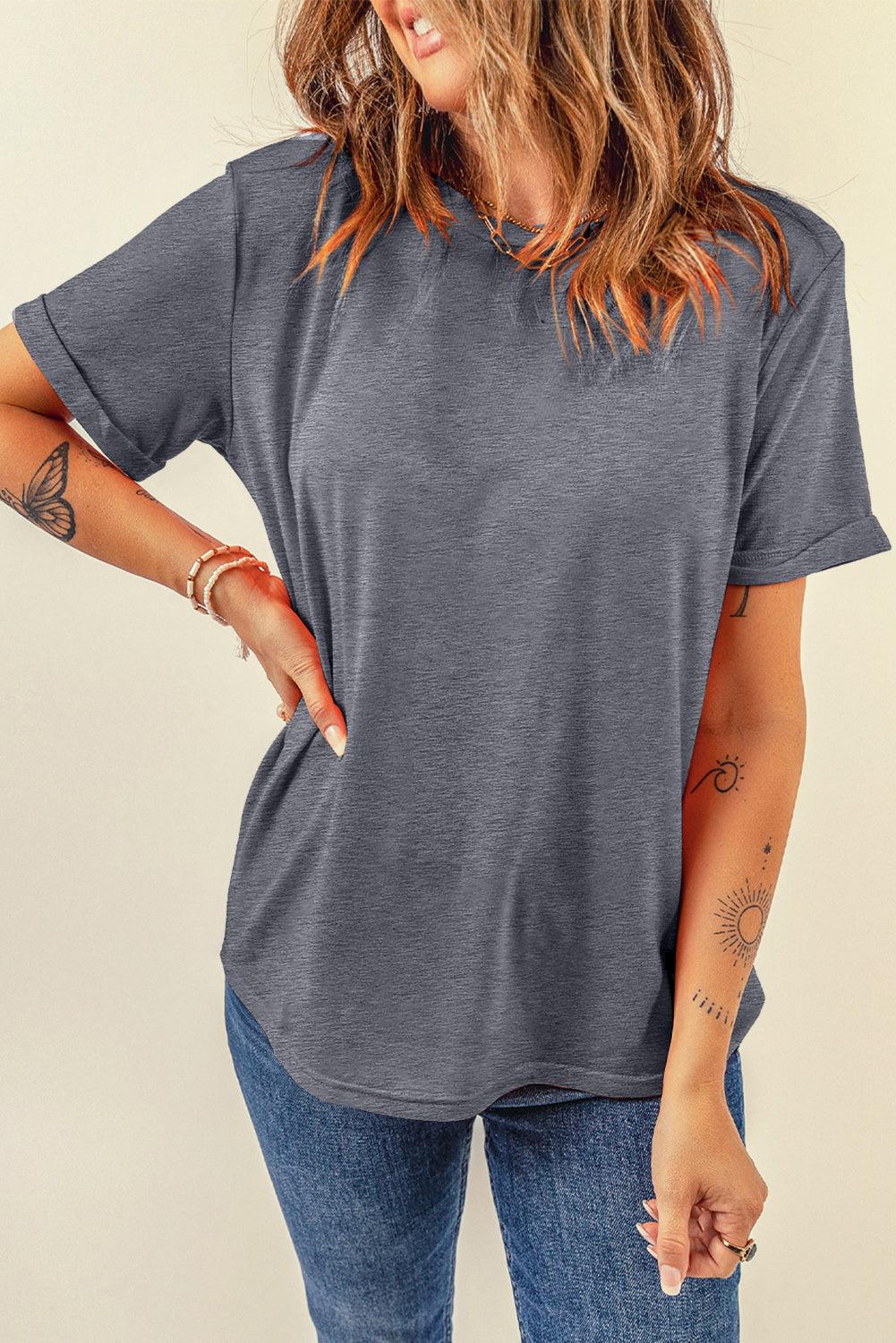 Casual Crew Neck Solid Color Loose T-Shirts Top for Women