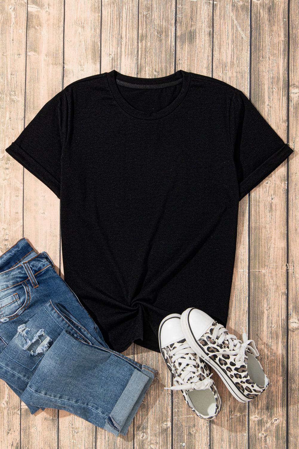 Womens Crew Neck Summer Casual Loose Fit Black T-Shirt