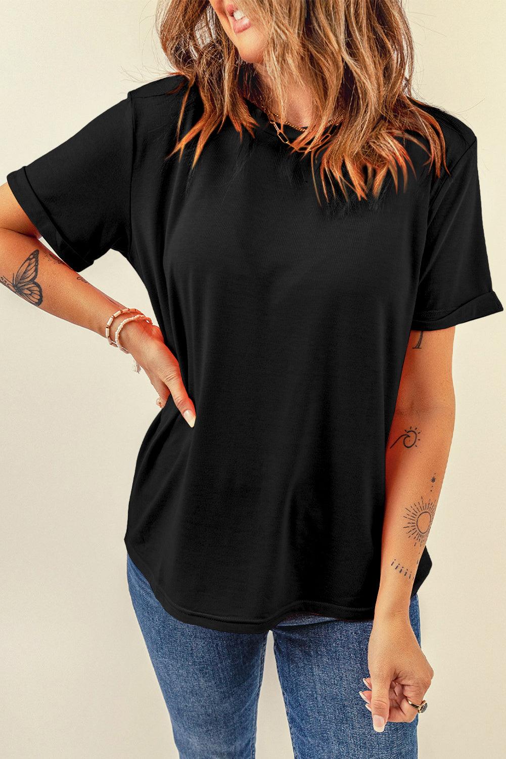 Casual Crew Neck Solid Color Loose T-Shirts Top for Women