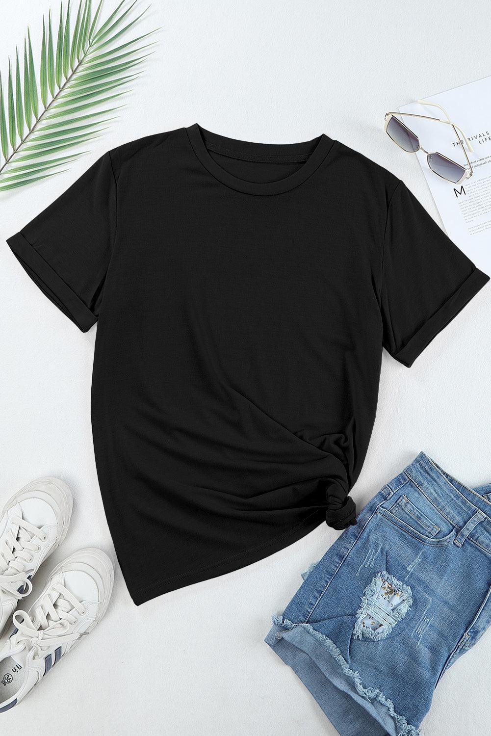 Casual Crew Neck Solid Color Loose T-Shirts Top for Women