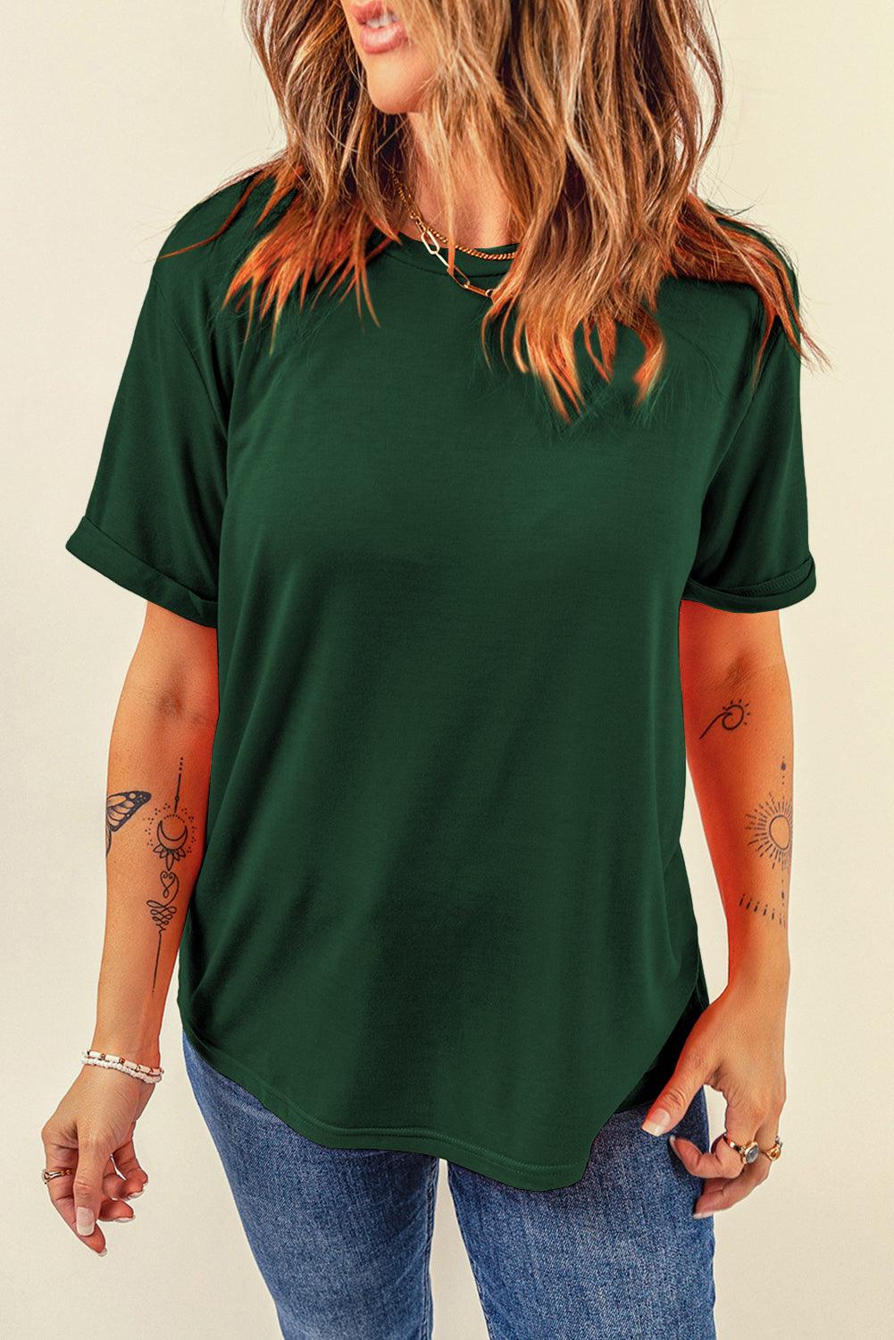 Green Casual Crew Neck Solid Color T-Shirts Loose Lightweight Tops for Women