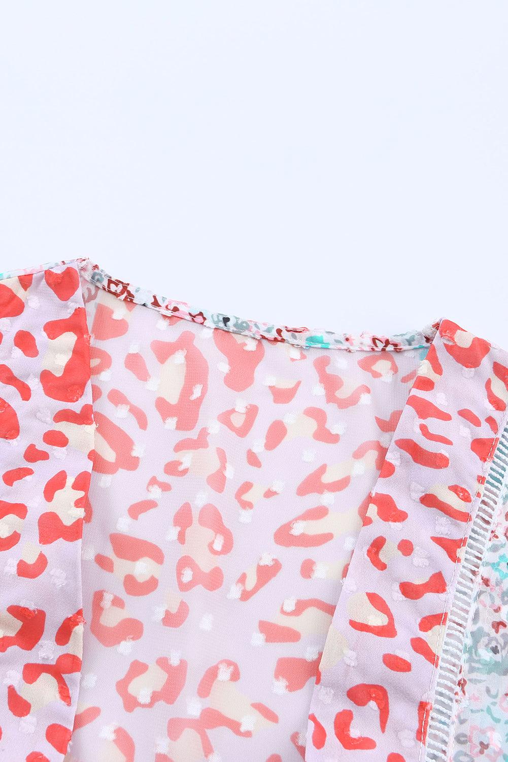 Multicolor Leopard Print Open Front Bell Sleeve Kimono Cardigan
