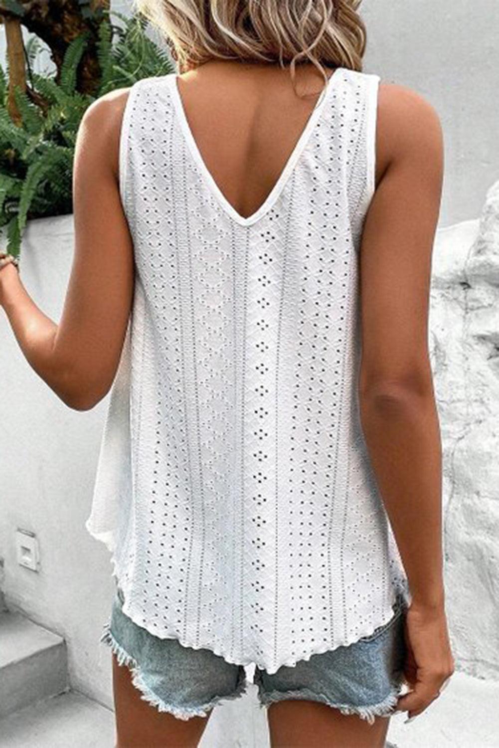 White Lace Crochet Splicing V Neck Loose Fit Tank Top for Women