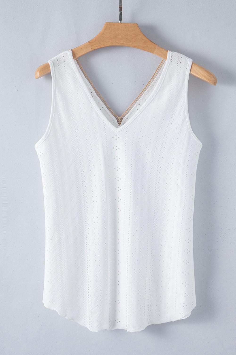 White Lace Crochet Splicing V Neck Loose Fit Tank Top for Women