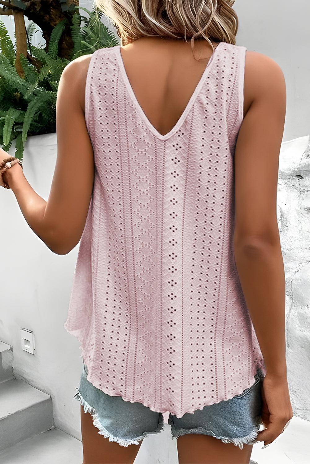 Apricot Pink Lace Crochet Splicing V-Neck Loose Fit Tank Top