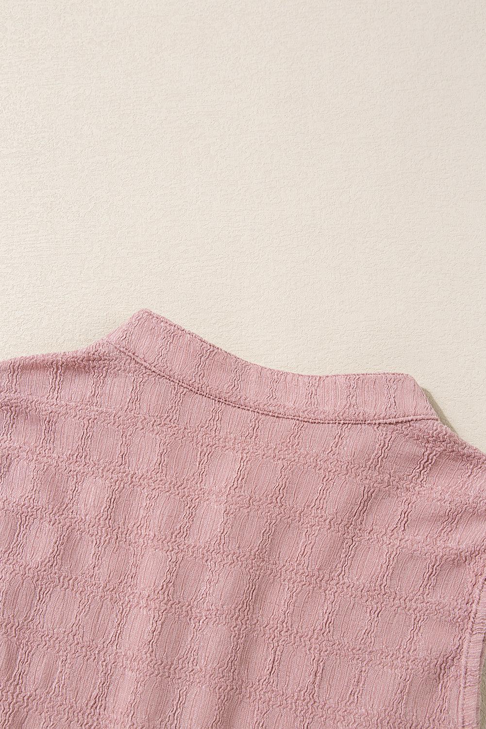 Pink Lattice Textured Split Neck Sleeveless Summer Tank Top