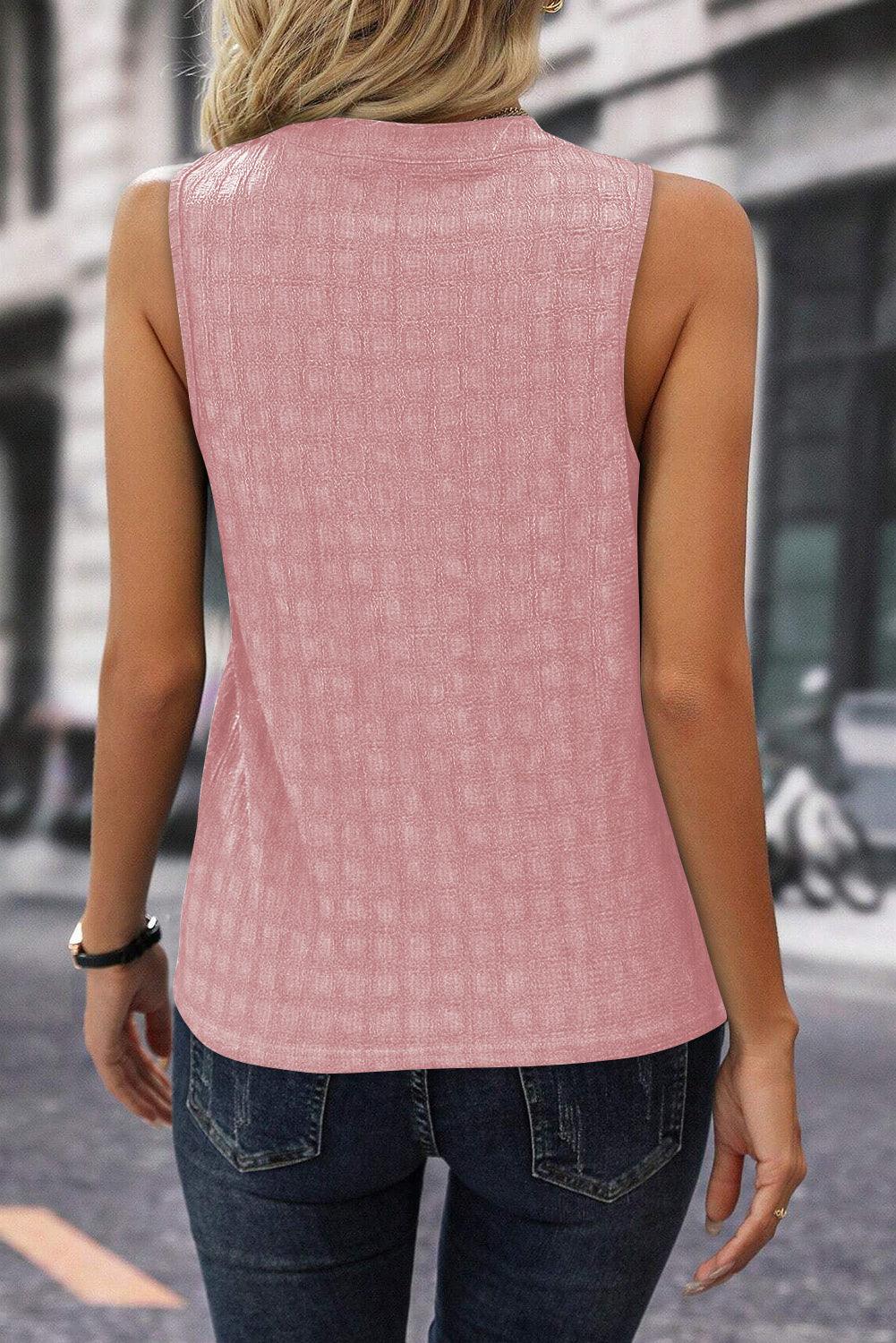 Lattice Textured Split Neck Sleeveless Tank Top for Women