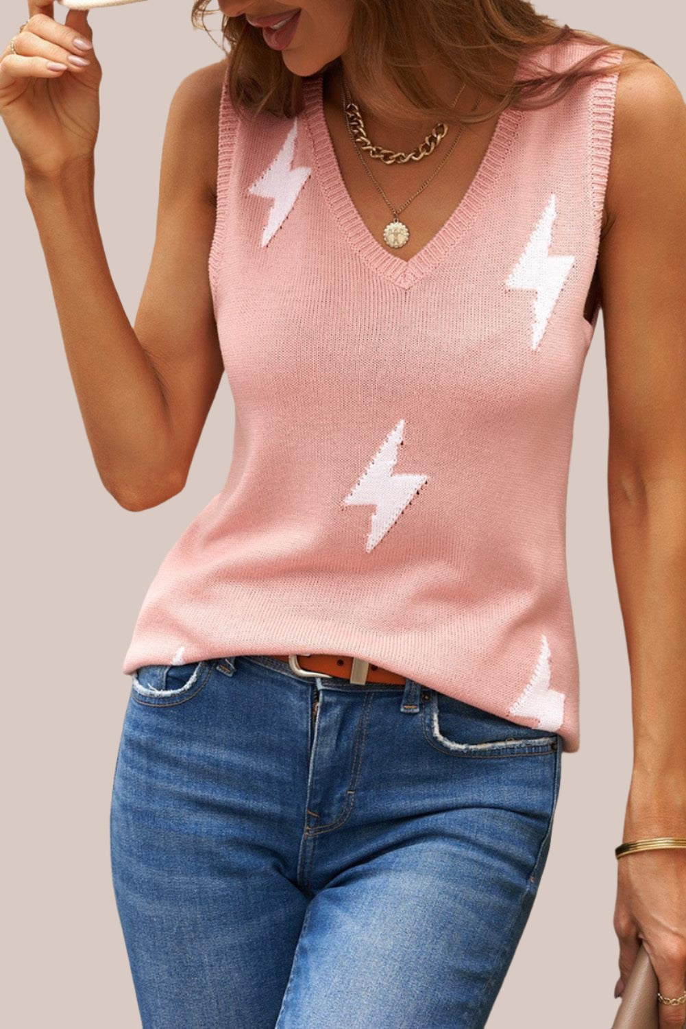 Pink V-neck Sleevless Knit Vest for Women