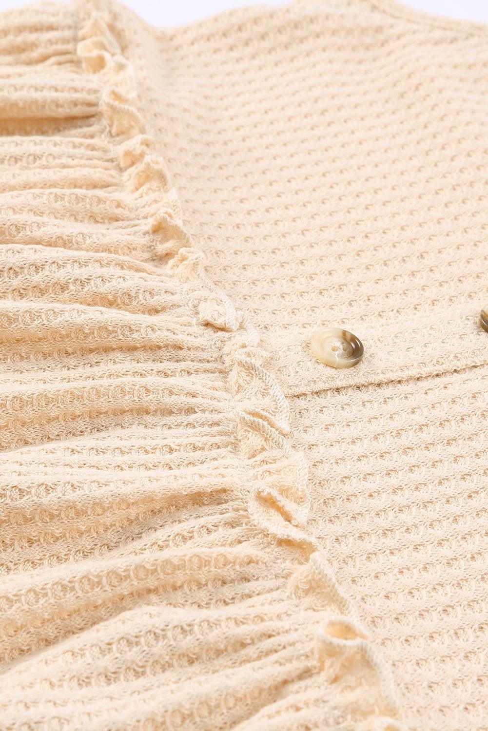 Apricot Waffle Knit Button Ruffled Casual Tank Top for Women
