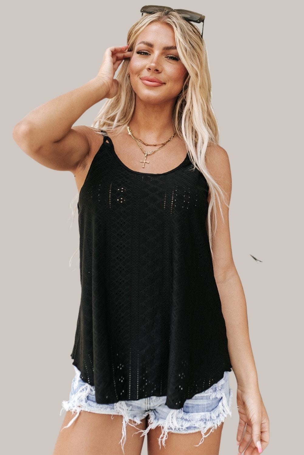 Scoop-Neck Lace Crochet Black Summer Tank Top for Women