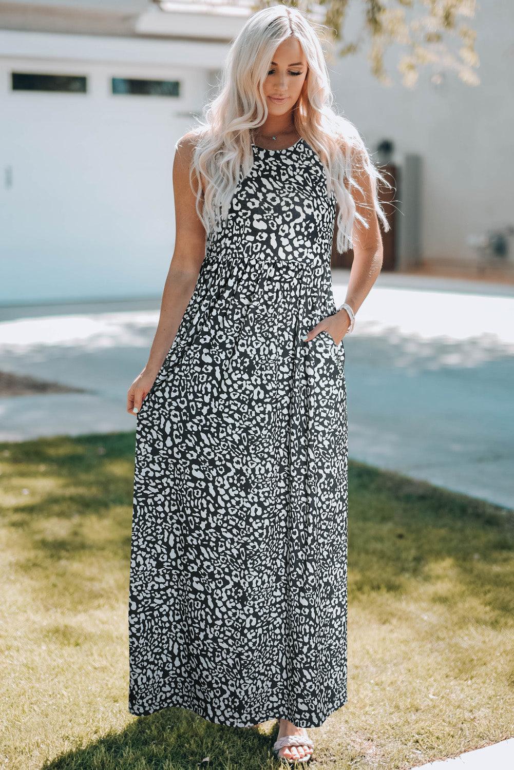 Print Pocketed Sleeveless Grey Maxi Dress Style Sundress