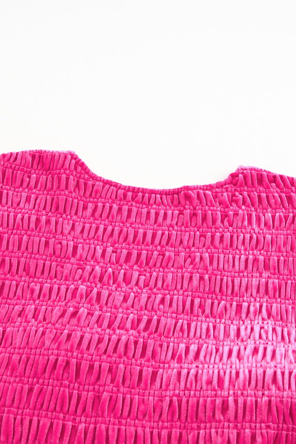 Rose Red Shirred V Neck Long Sleeve Velvet Maxi Dress for Women