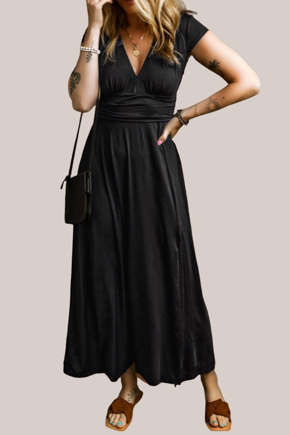 Shirred Short Sleeve V Neck High Waist Black Maxi Dress