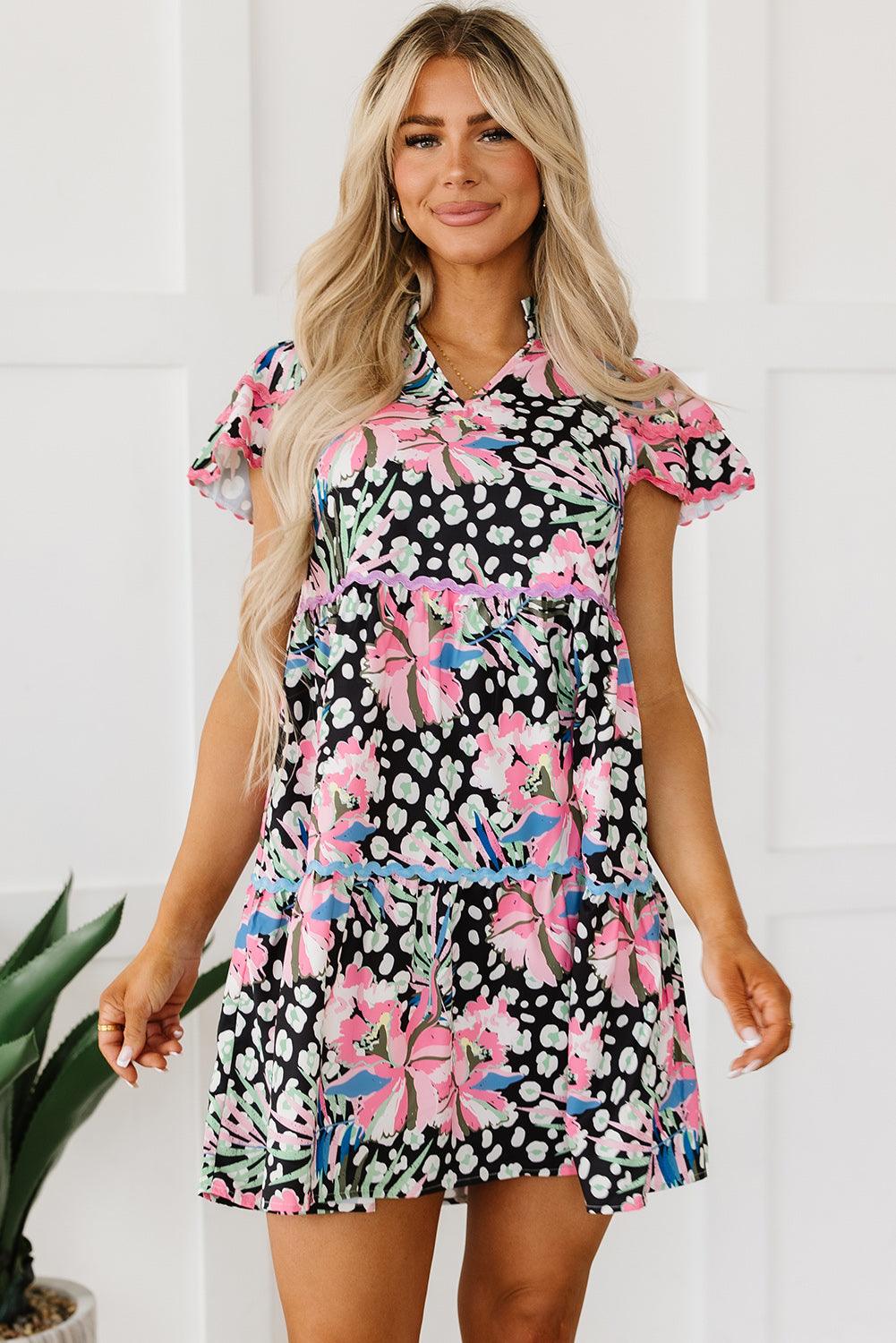 Pink Floral Short Sleeve Tiered Mini Dress for Summer