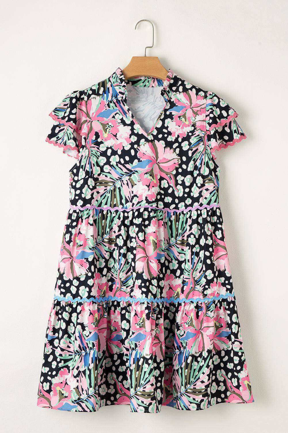 Pink Floral Short Sleeve Tiered Mini Dress for Summer