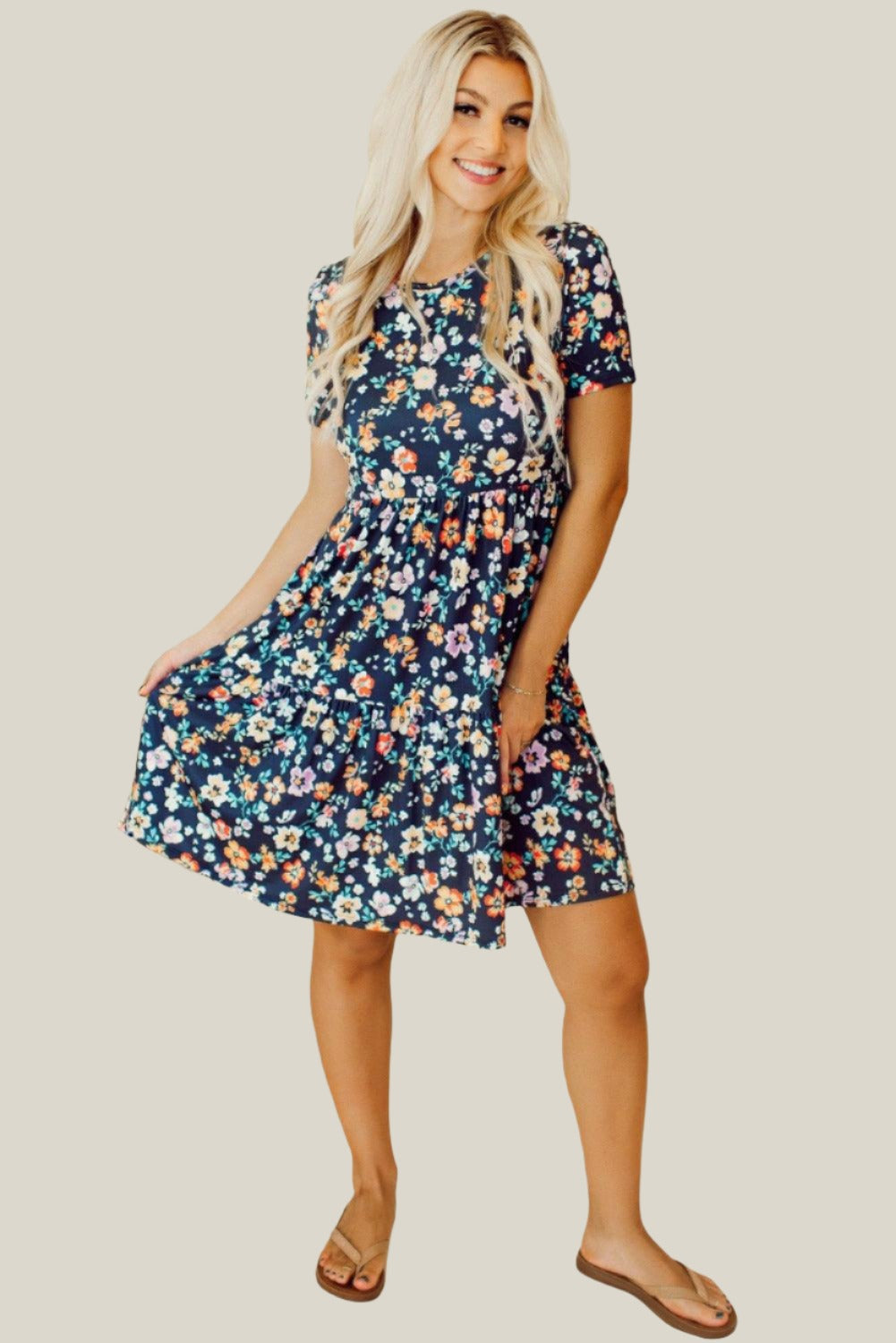 Blue Floral Print Short Sleeve Mini Dress for Summer