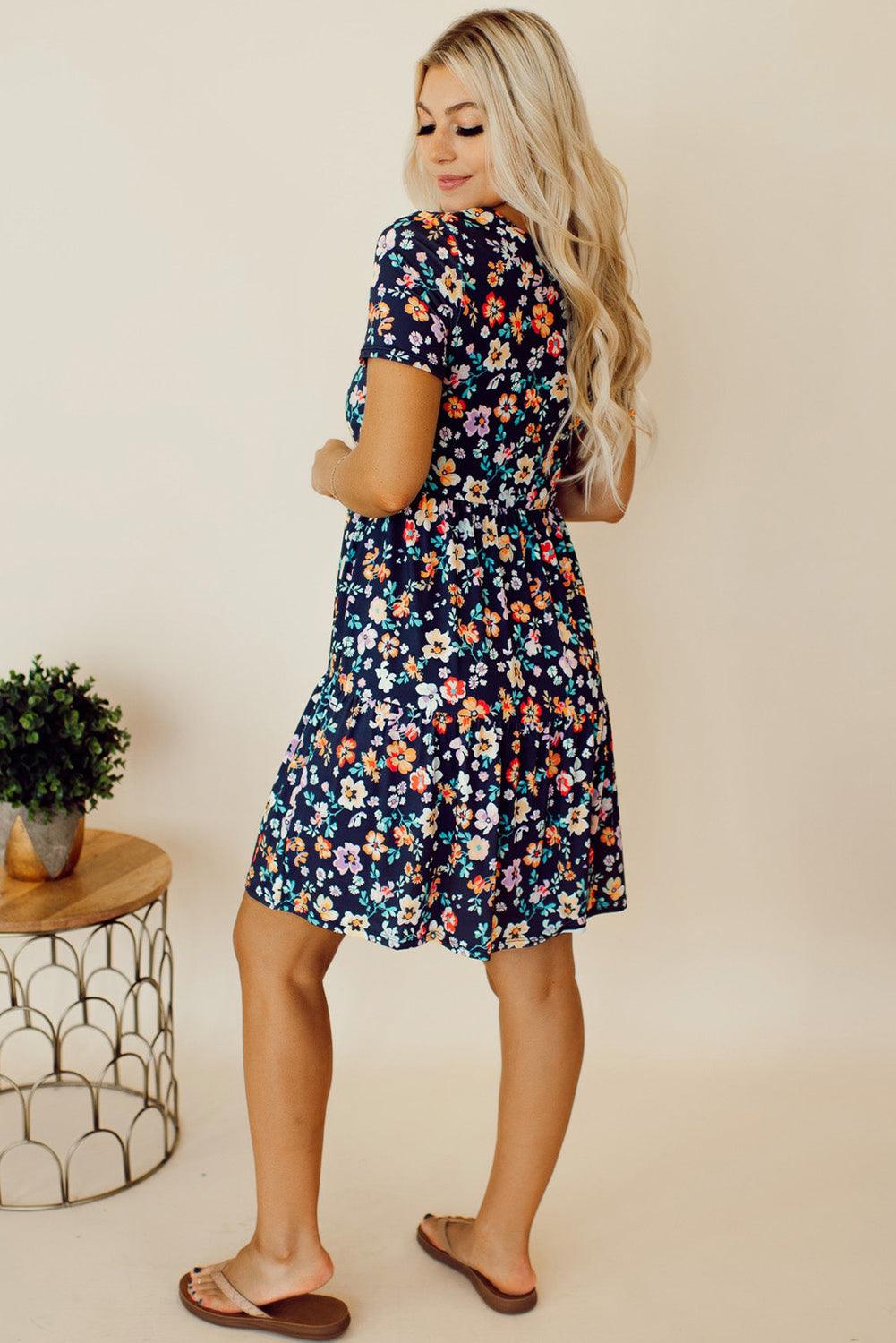 Blue Short Sleeve A-line Floral Mini Dress for Summer