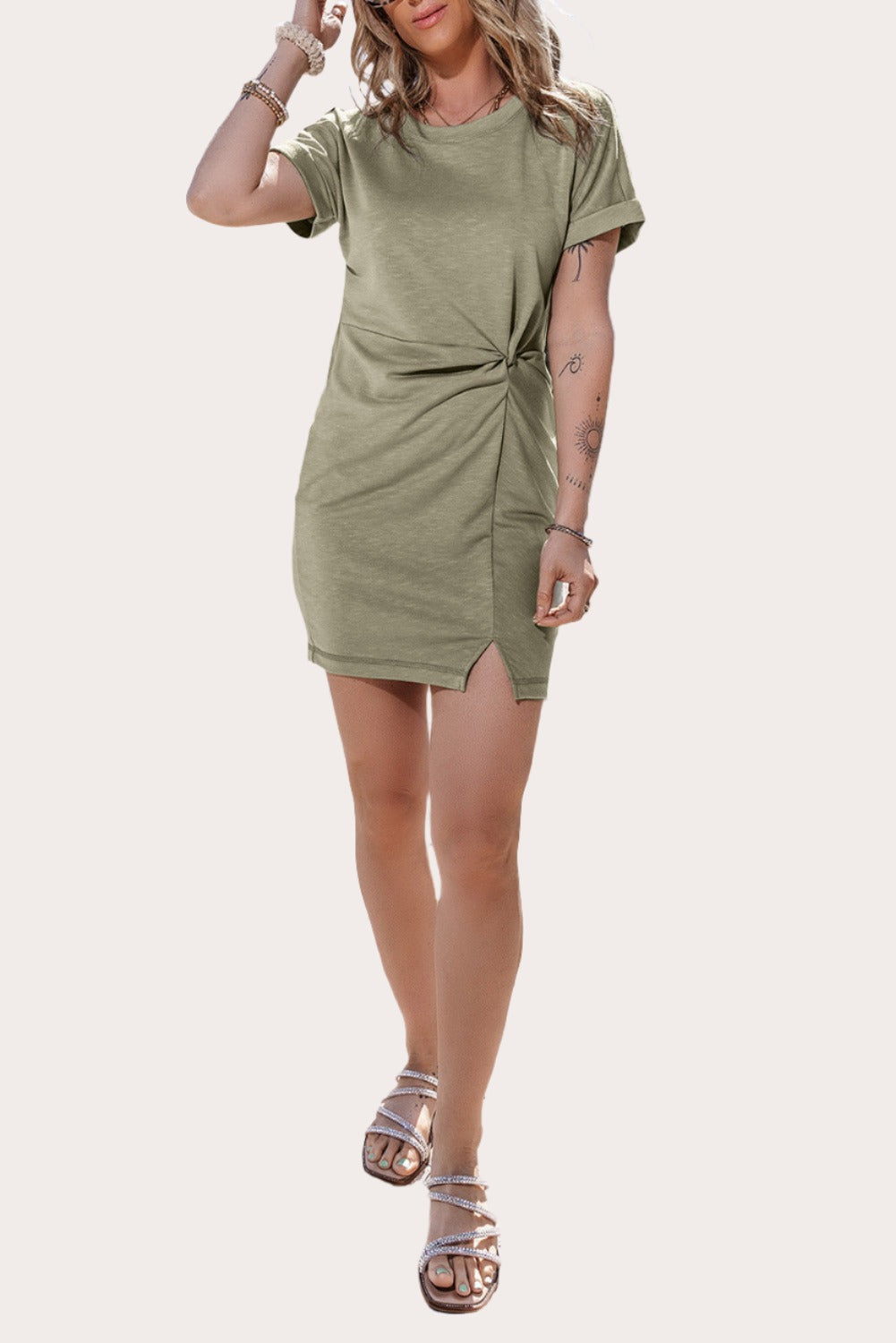 Folded Sleeve Twisted Mini T-Shirt Green Tunic Dress
