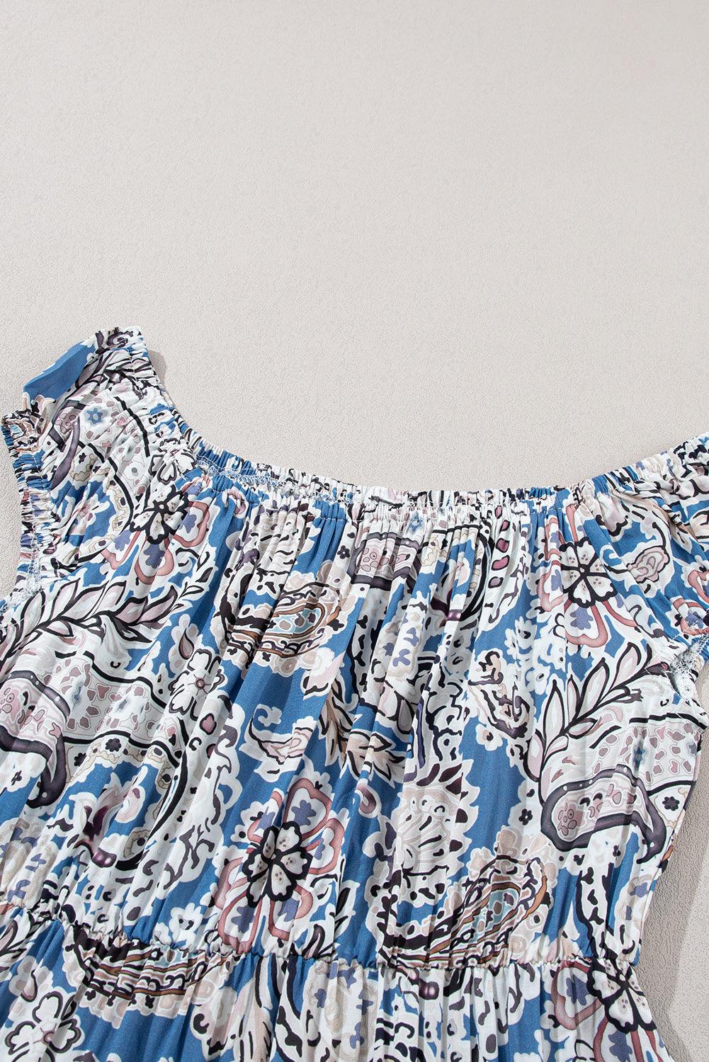 Blue Boho Paisley Print Off Shoulder Hawaiian Maxi Dress