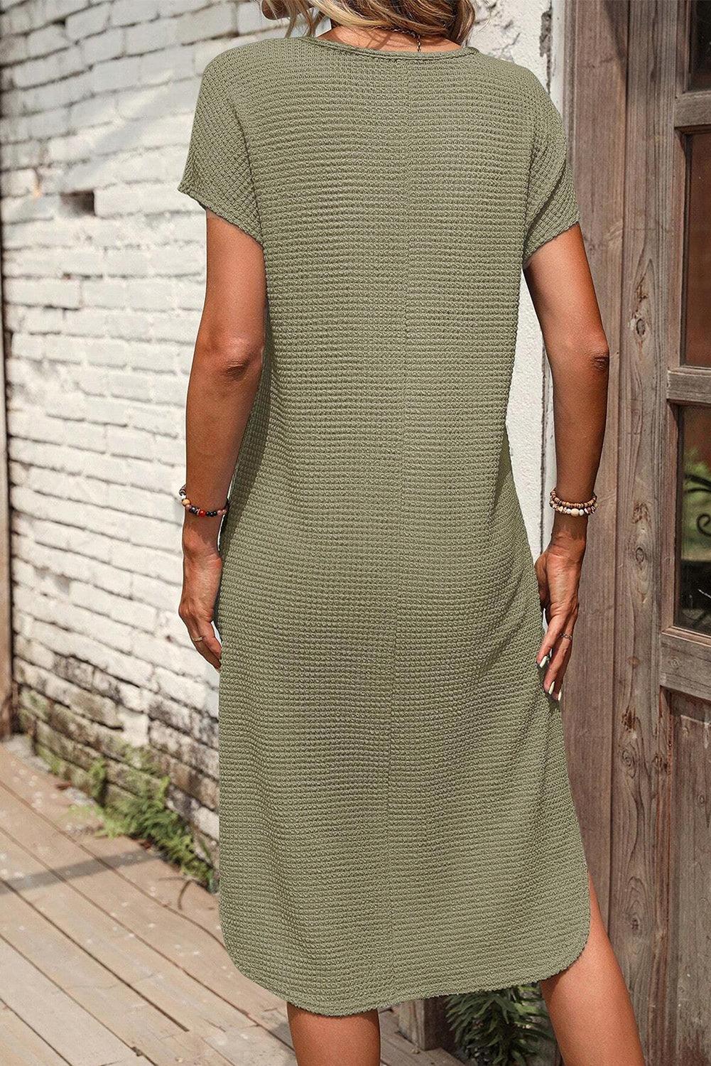 Jungle Green Waffle Texture Curved Hem Side Slit Long Tunic T-shirt Dress
