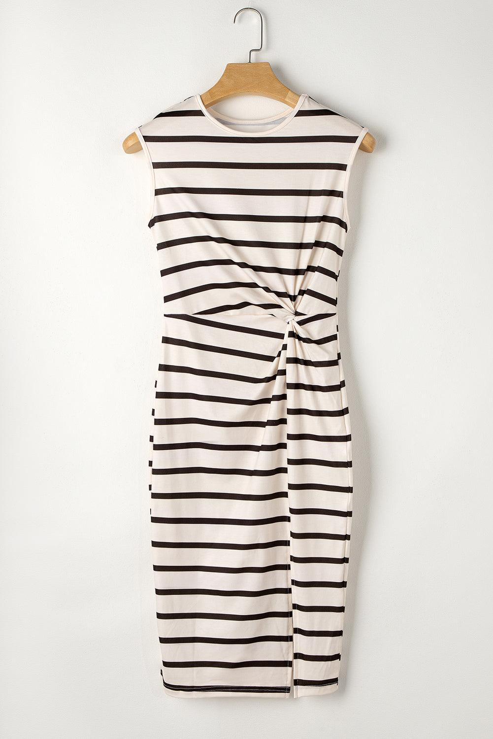 Women's Striped Twist Front Split Hem Cap Sleeve Summer Midi Dress