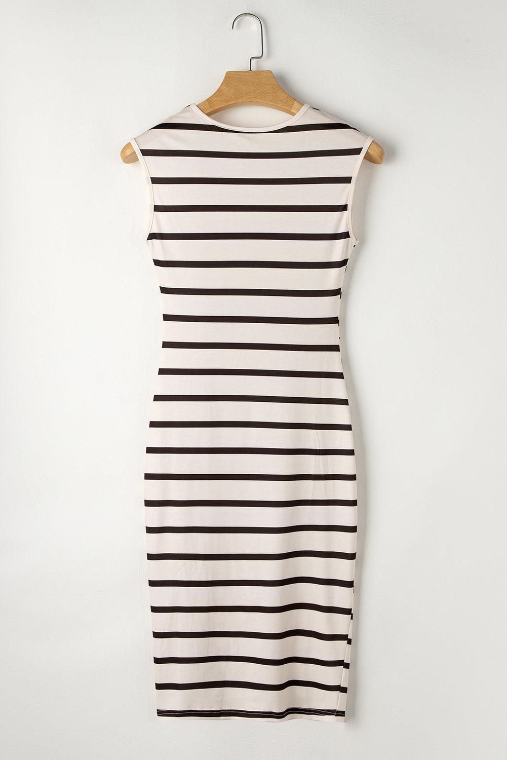 Women's Striped Twist Front Split Hem Cap Sleeve Summer Midi Dress