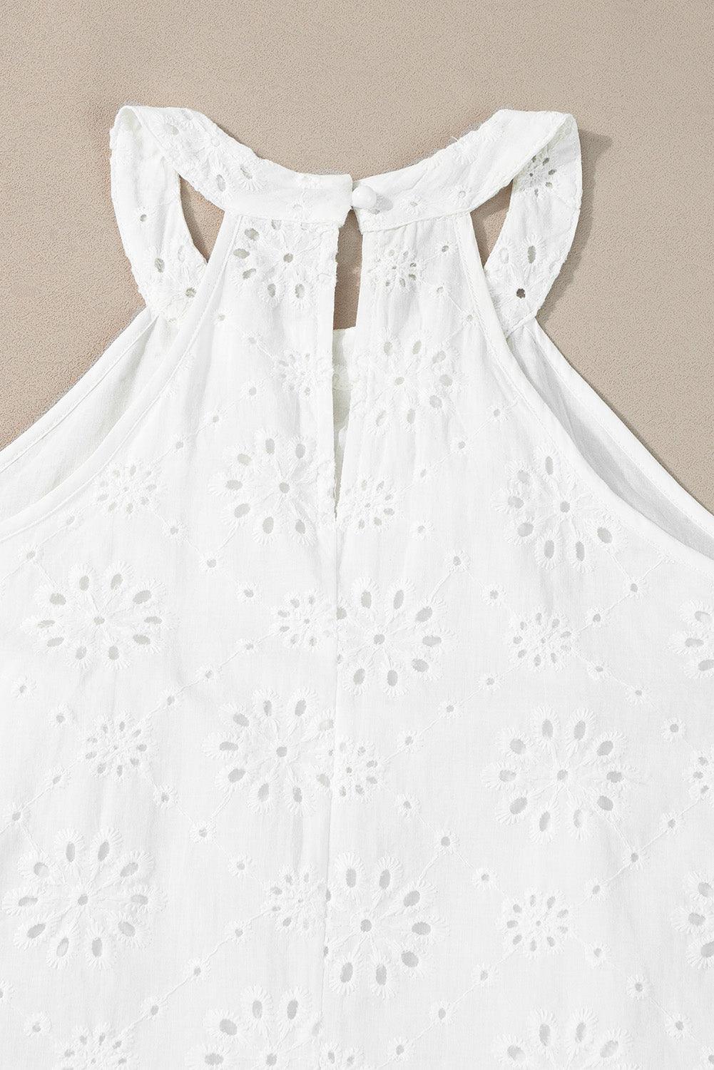 Boho Eyelet Pattern Halter Neck Sleeveless White Midi Dress