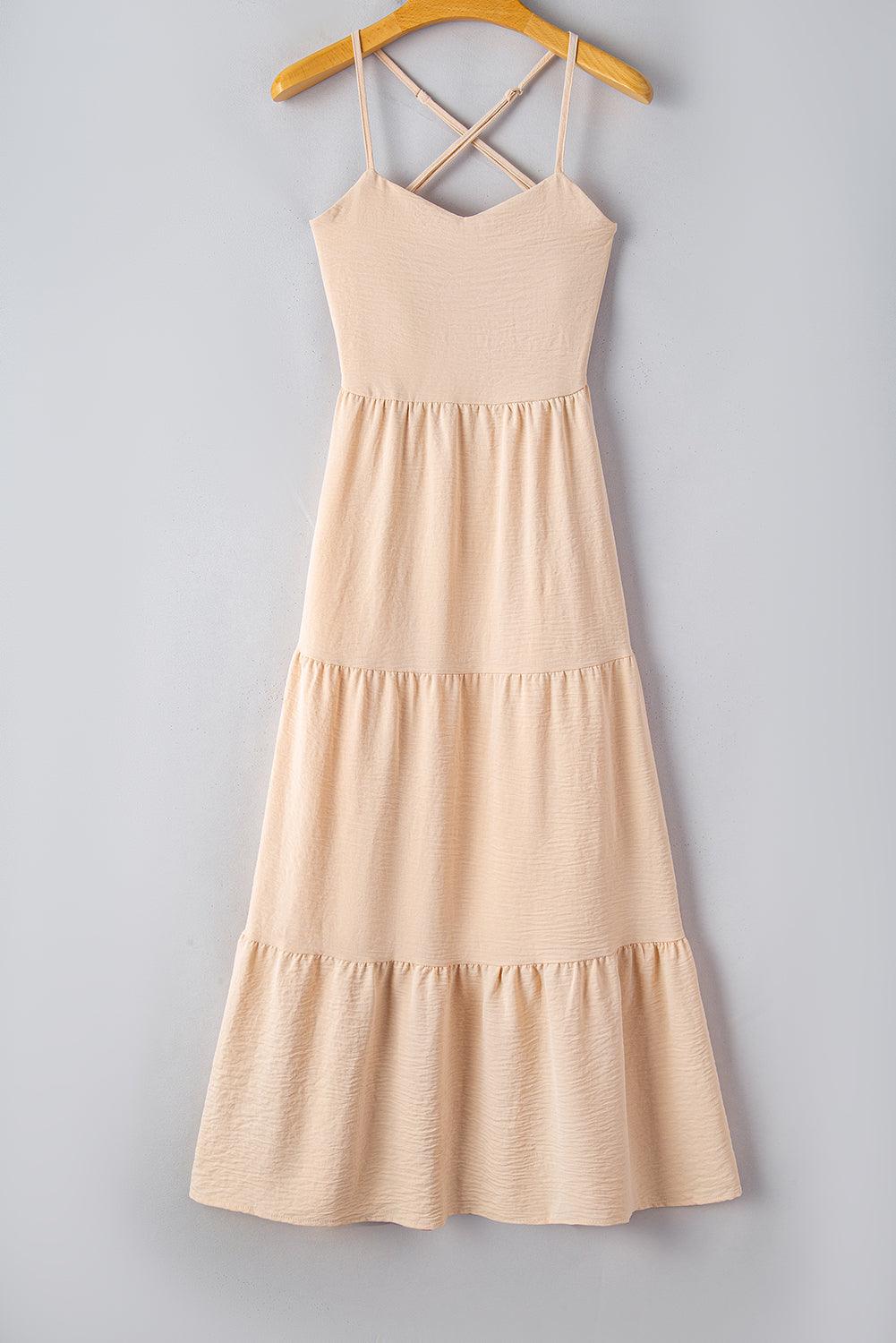 Oatmeal Creamy Crossover Backless Bodice Tiered Maxi Dress