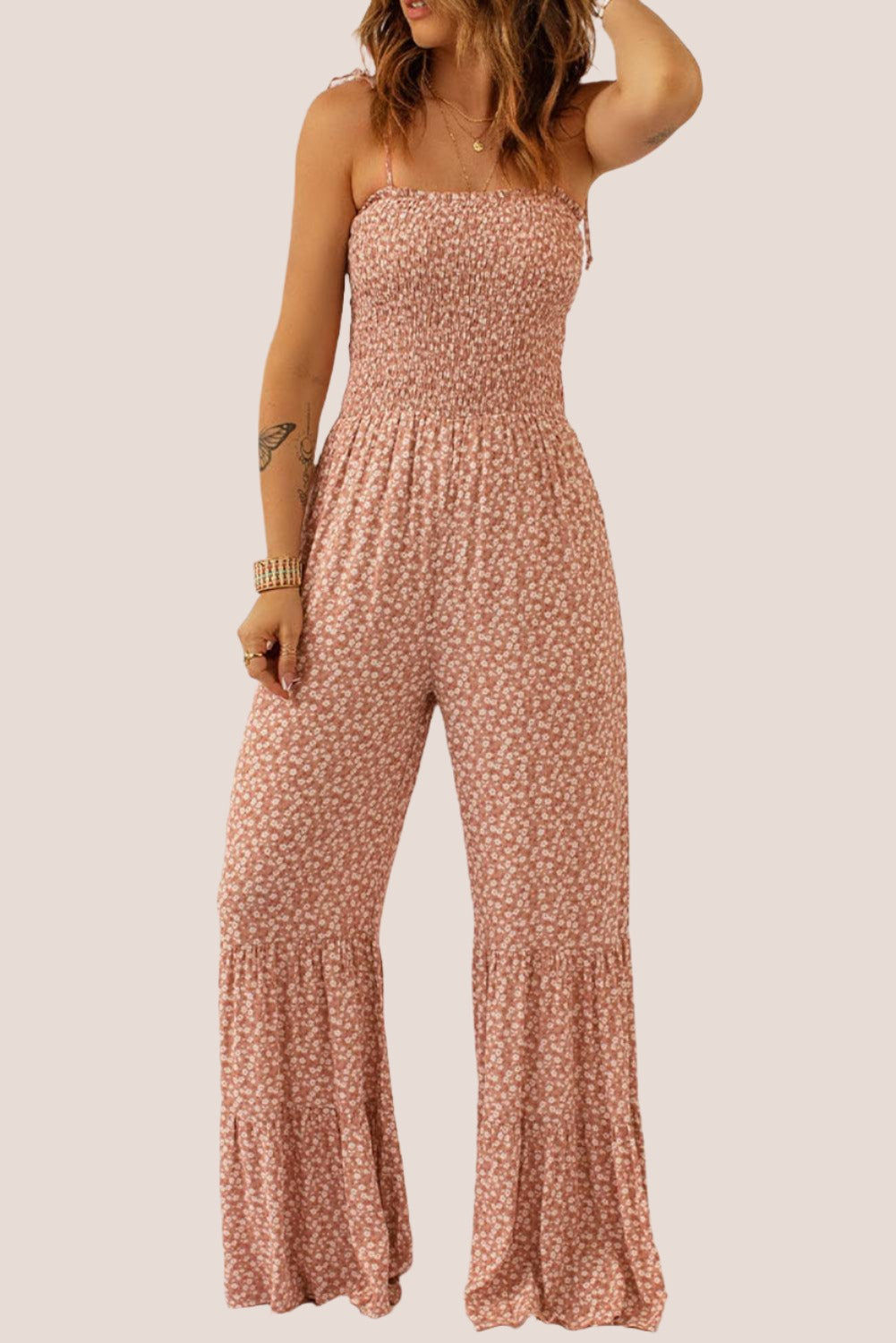 Thin Straps Wide Leg Floral Smocked Jumpsuit
