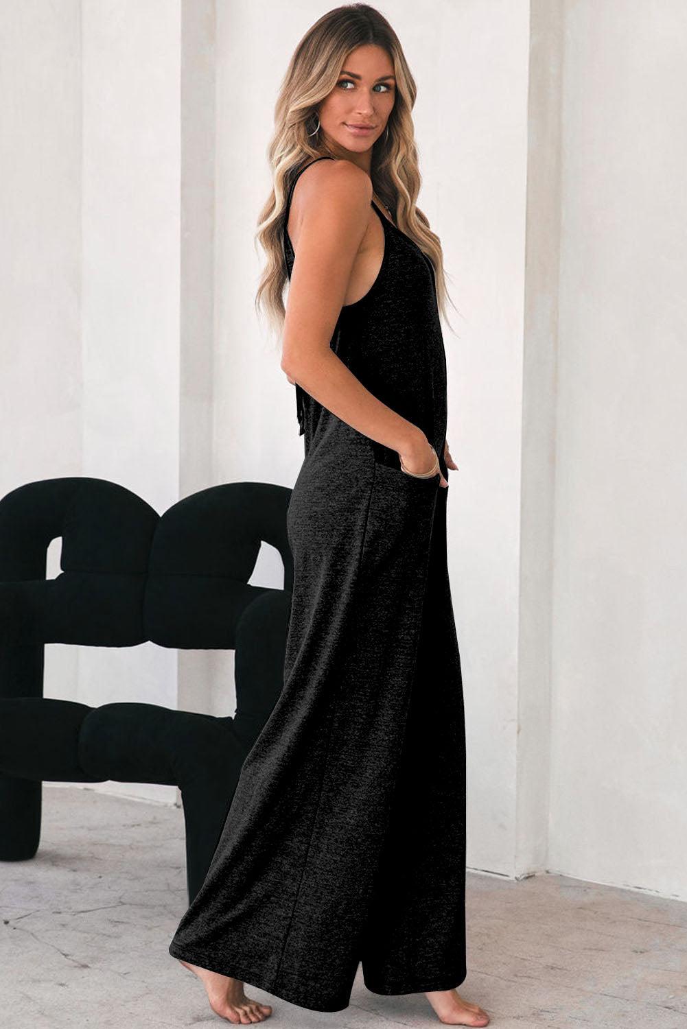Black Patch Pockets Spaghetti Strap Wide Leg Jumpsuit with Pockets