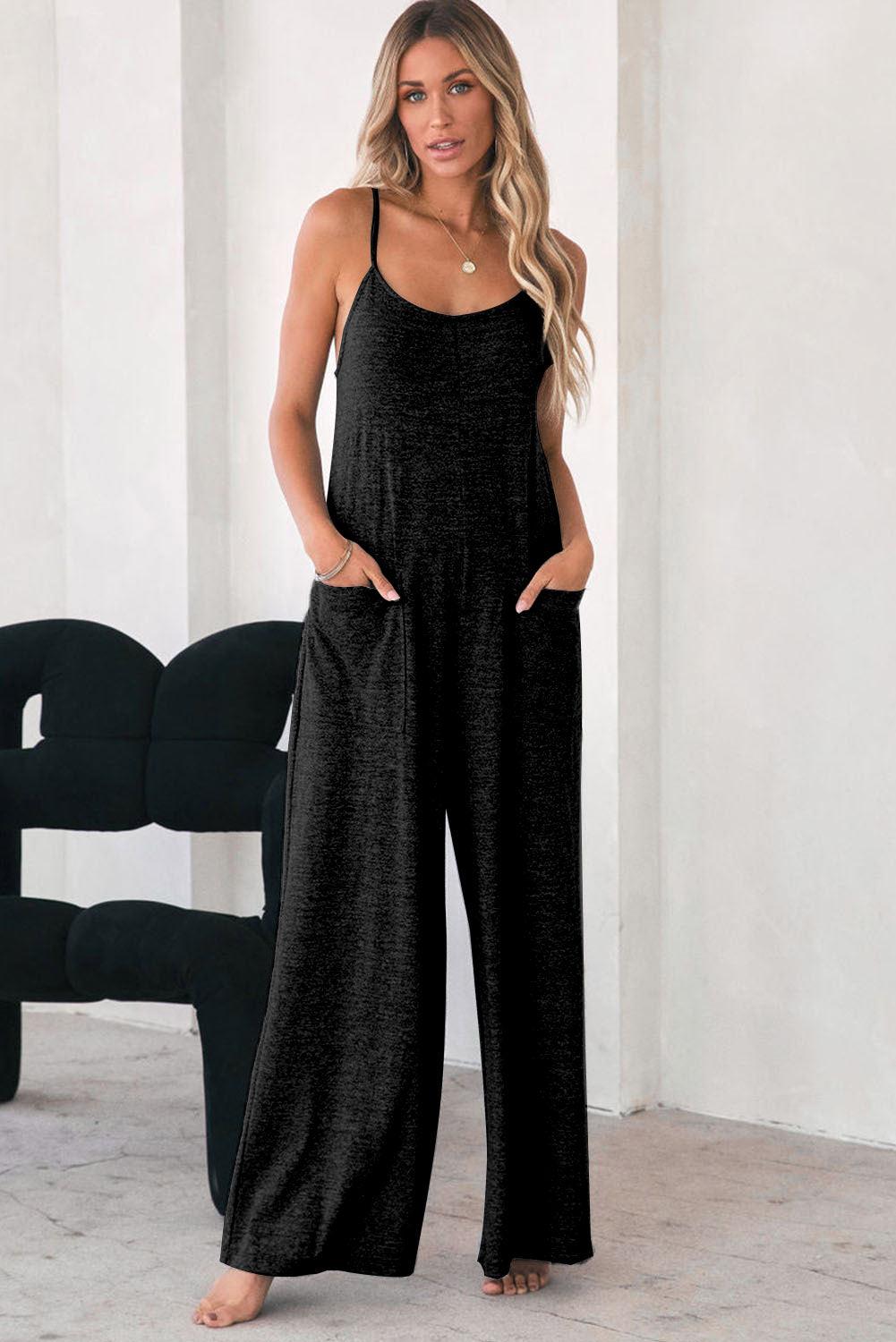 Black Patch Pockets Spaghetti Strap Wide Leg Jumpsuit with Pockets