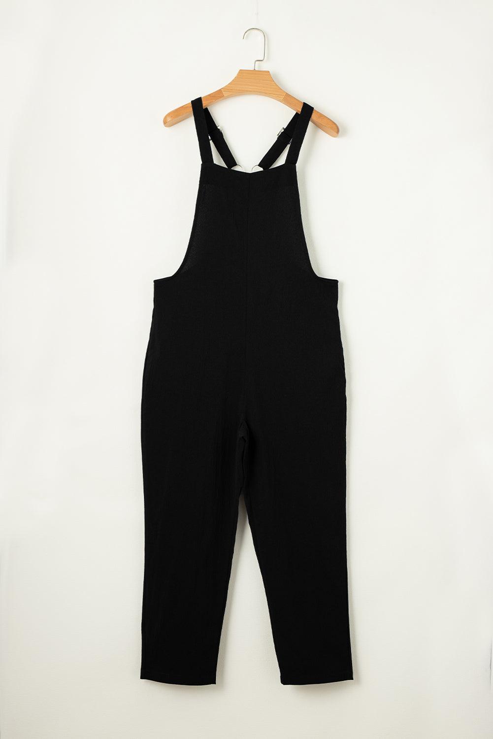 Black Adjustable Buckle Straps Cropped Casual Overalls Jumpsuit