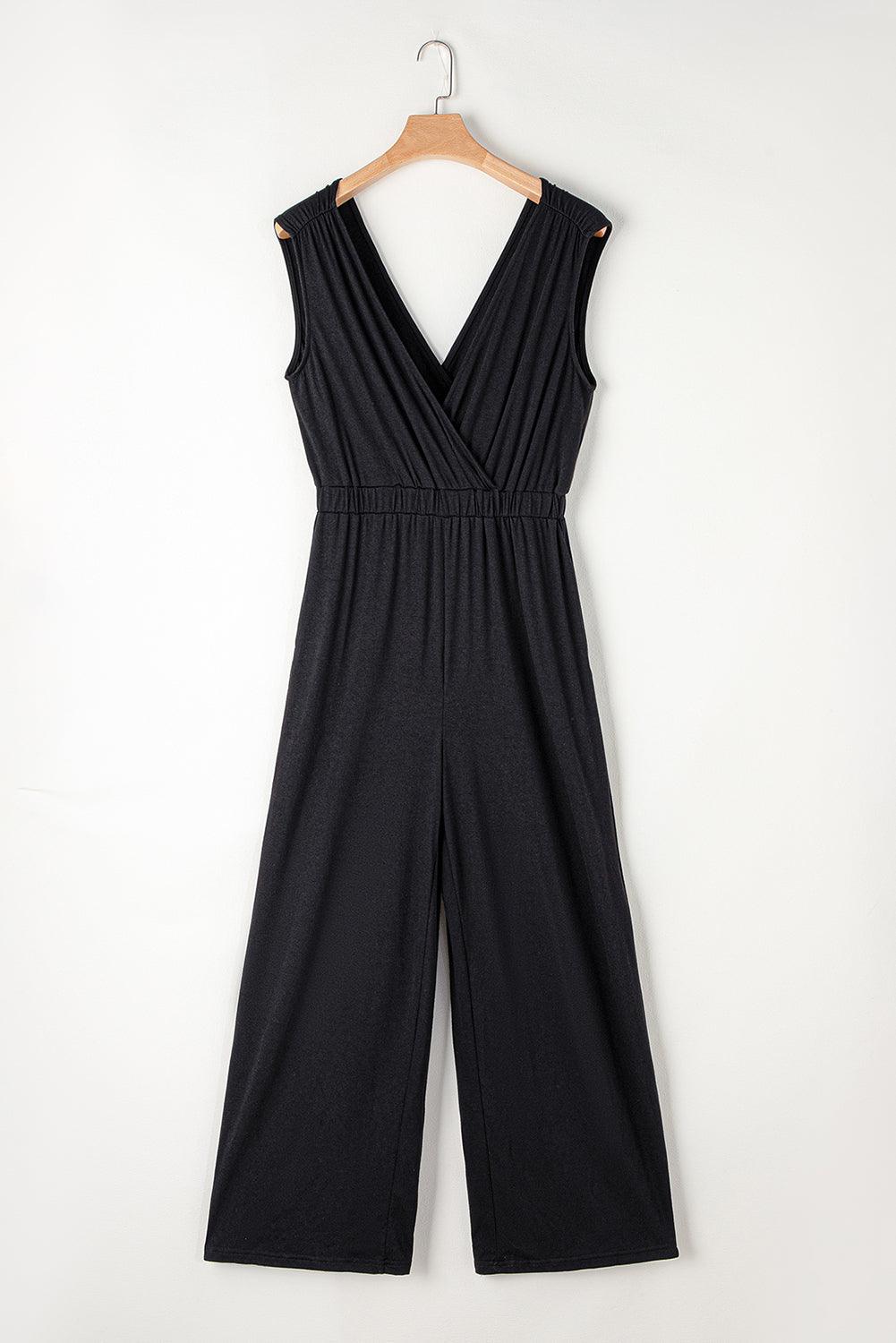 Wide Leg Black Jumpsuit with Backless Plunging Neck