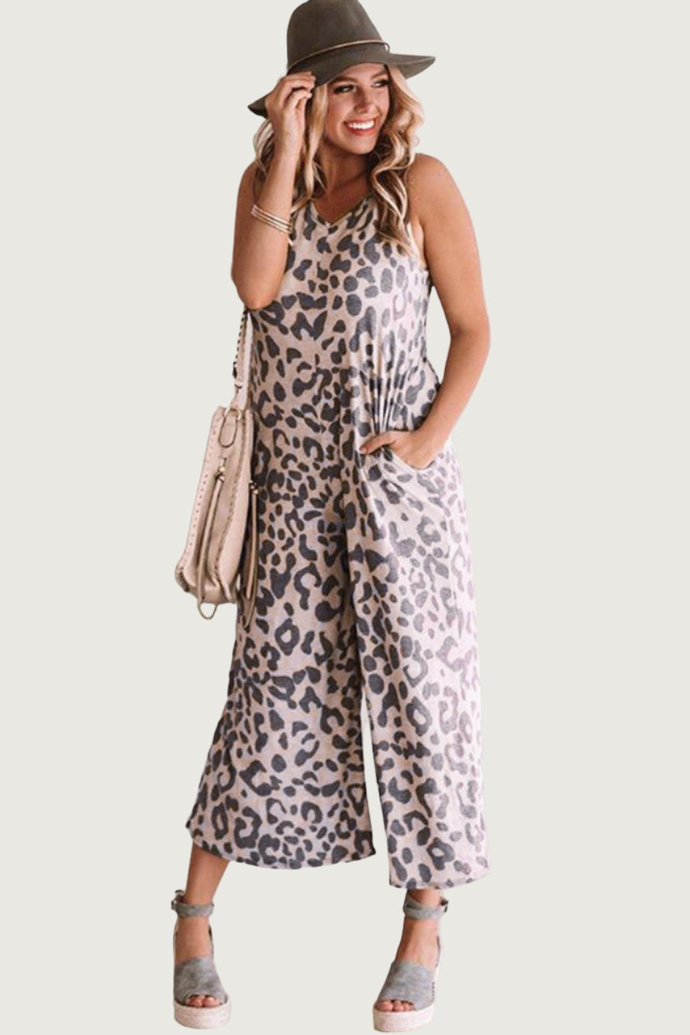 Wide Leg Leopard Print Sleeveless Summer Jumpsuit