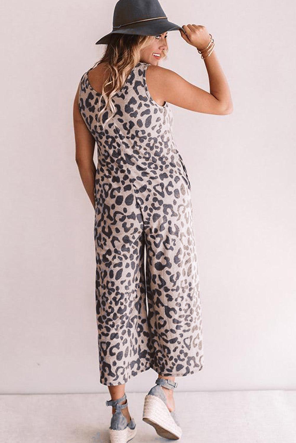 Leopard Print Wide Leg Jumpsuit, Elegant Sleeveless Jumpsuit for Spring & Summer, Women's Clothing