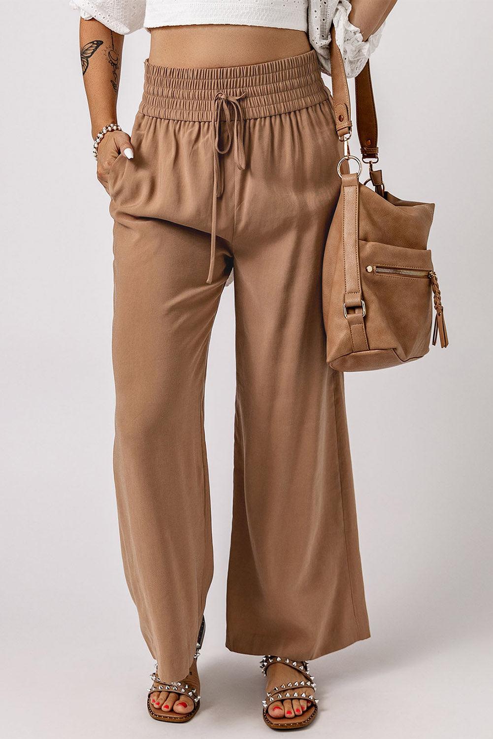 Drawstring Wide Leg Brown Pants with Elastic Waist