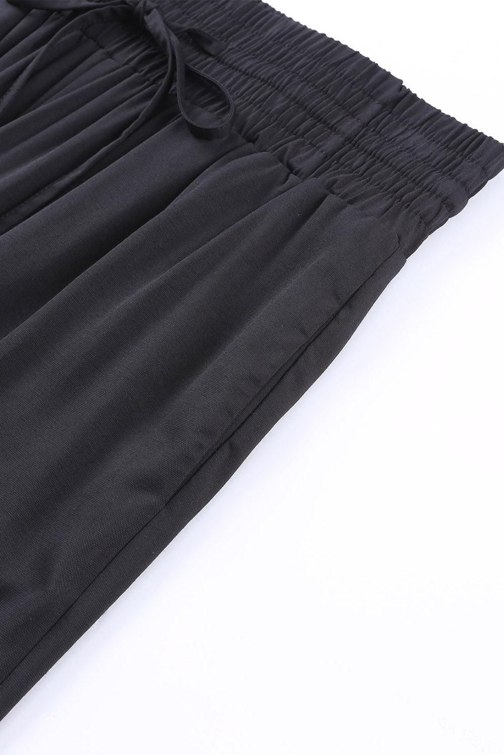 Womens Solid Elastic High Waist Wide Leg Summer Casual Black Pants