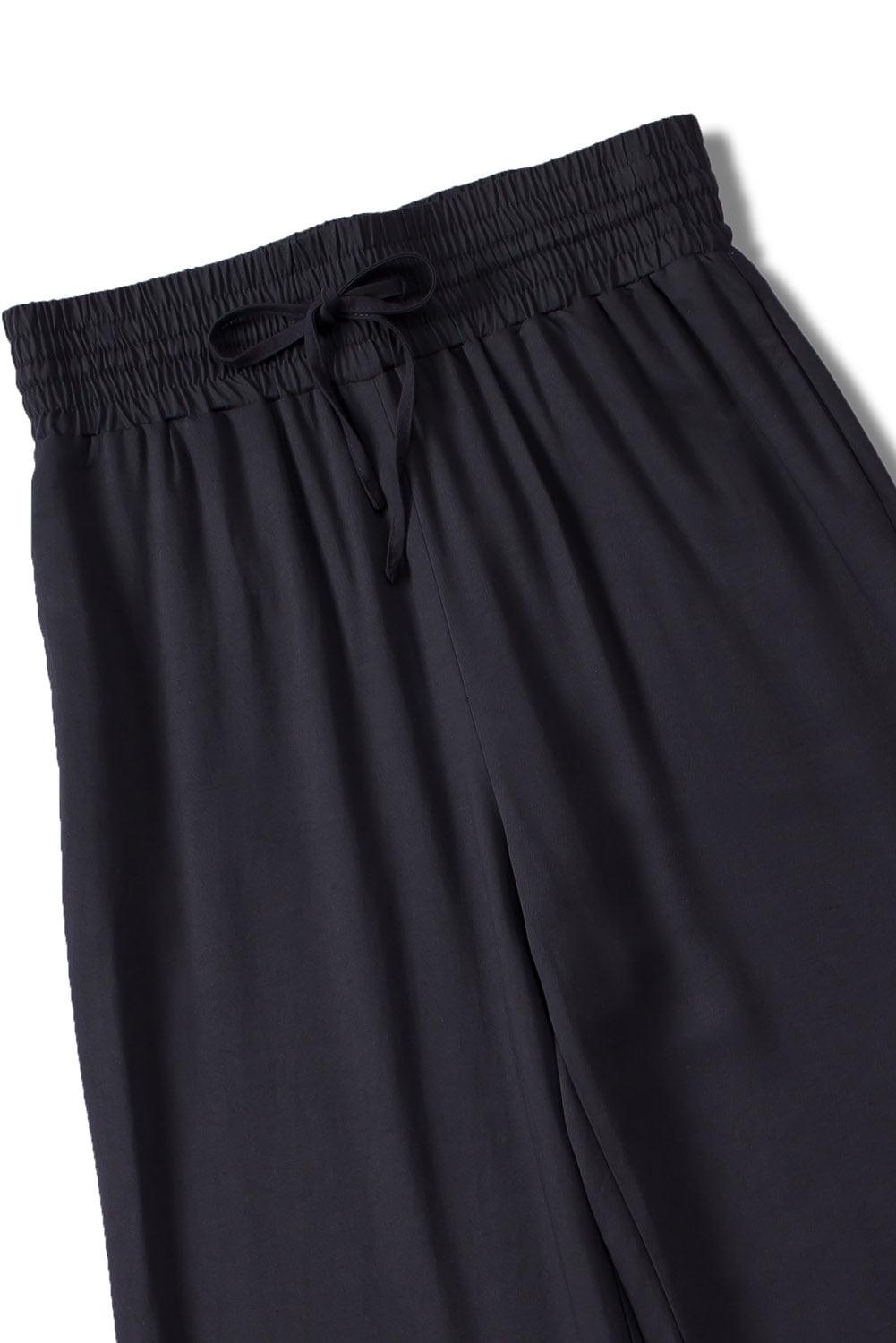 Womens Solid Elastic High Waist Wide Leg Summer Casual Black Pants
